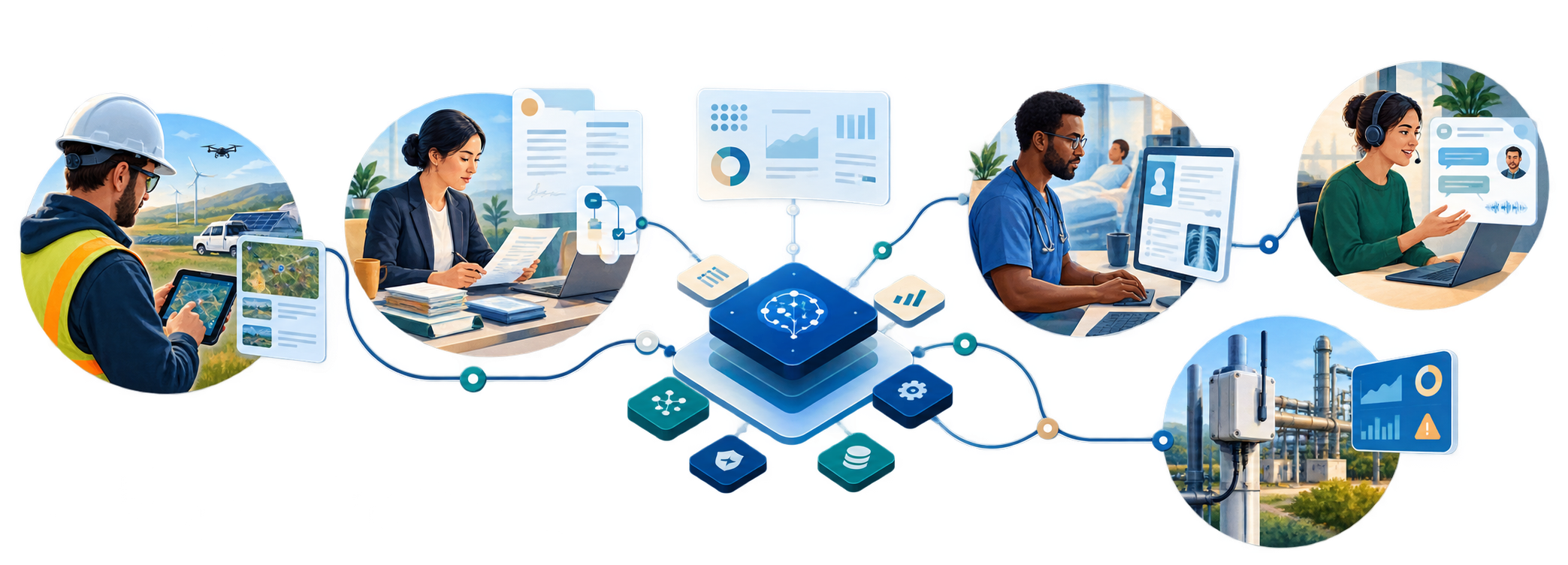 AI systems connected to field, professional services, healthcare, customer, and industrial workflows